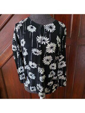 Talbots Womens Black & White Floral Button-Down Cardigan Sweater 1X